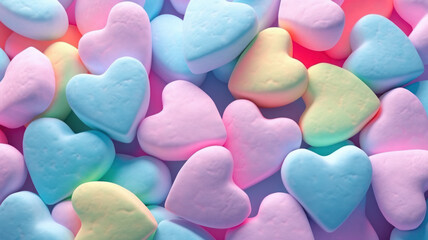 Fototapeta premium Colorful Pastel Heart-Shaped Marshmallows Background