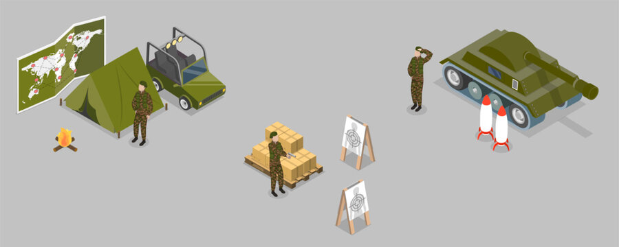 3D Isometric Flat Vector Conceptual Illustration of Millitary Force, Professional Warriors