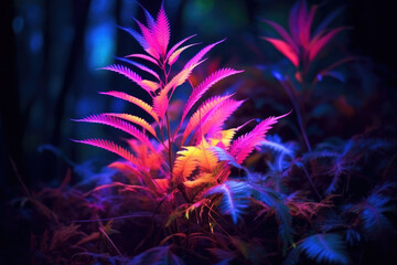 Plants glowing in neon light, at night.