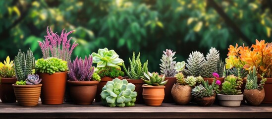 A selection of different types of succulents and indoor plants arranged on a wooden table. Symbolizing the idea of home plants and the nurturing of indoor succulents. Space left for additional objects - Powered by Adobe