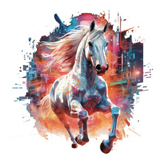 A surreal horse t-shirt design depicting a futuristic cyber-horse amidst a neon-lit cityscape, Generative Ai