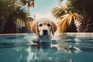 Golden retriever puppy swims in a pool with palm tree, AI generated