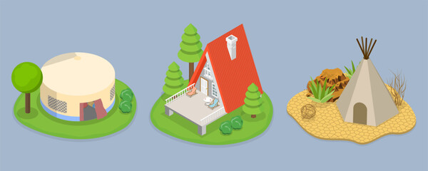 3D Isometric Flat Vector Set of Glamping Resorts, Luxury Camping © TarikVision
