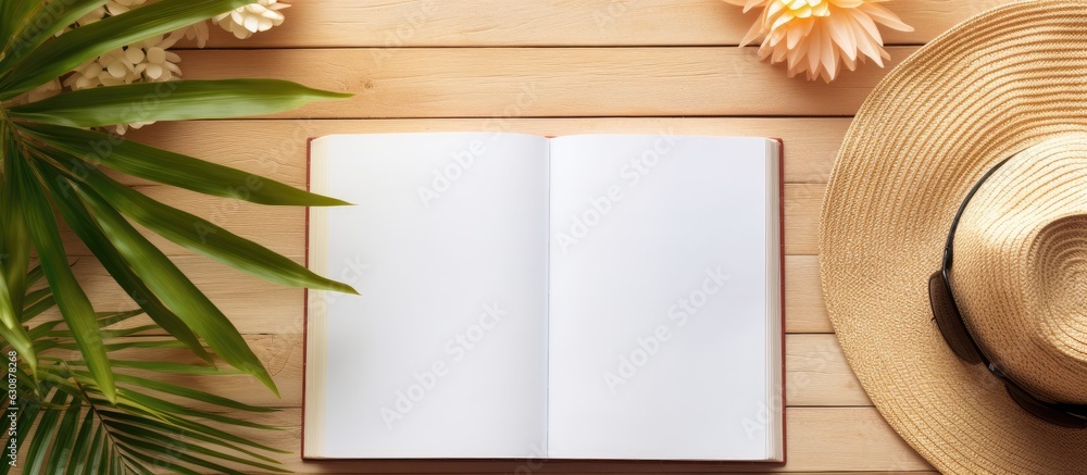 Poster a writing book with summer beach accessories in the background is shown in a flat lay. copy space av