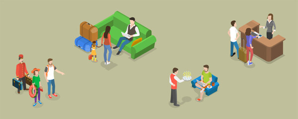 3D Isometric Flat Vector Conceptual Illustration of Hotel Customer Service, Hospitality Workers