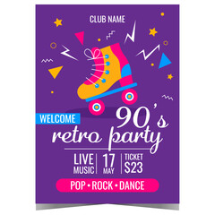 Retro music party poster in 90's style with vintage disco roller skates and colourful abstract graphic elements on the blue background. Invitation for disco dance event in the night club.
