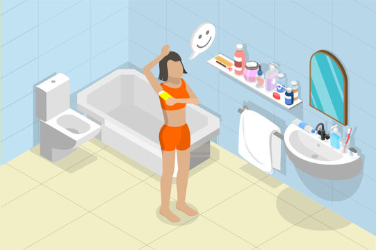 3D Isometric Flat Vector Conceptual Illustration of Domestic Daily Morning Routine, Hygiene Procedure