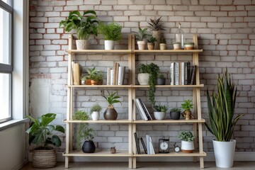 A white brick wall serves as a backdrop for a stylish decorative rack adorned with an assortment of house plants, books, and candles. The design embodies a pure eco concept, emphasizing natural