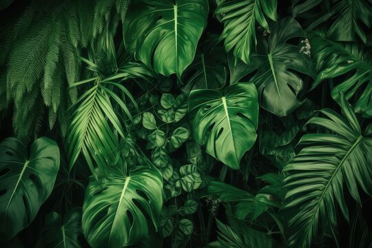 Green leaves background. Green tropical monstera leaves, AI generated