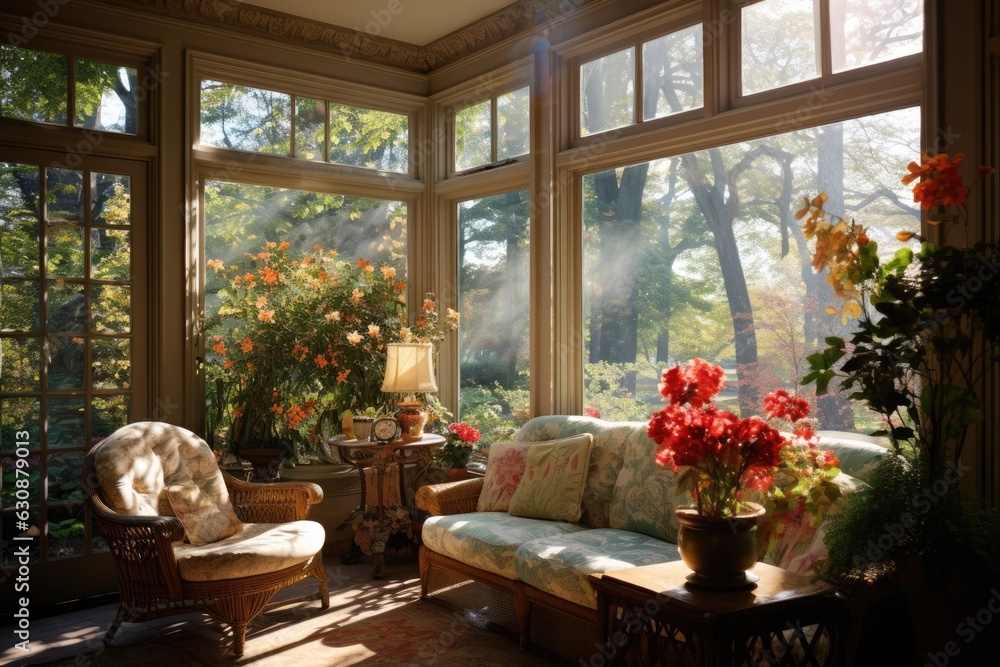 Poster a warm and inviting residence where sunlight streams in through the windows and fragrant flowers blo