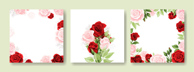 Retro postcard set with beautiful pink and red roses buds. Vector illustration