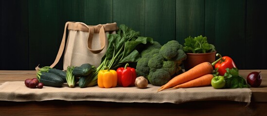 A beige canvas shopping bag with a dark green handle has tipped over and spilled vegetables and...