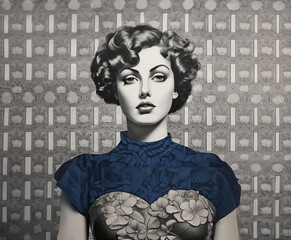 Vintage pop collage Illustration of a beautiful woman over monochromatic patterns and shapes, Retro...