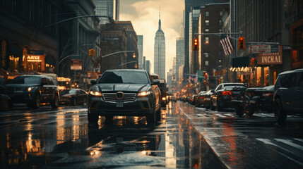 usa street, light rain, vehicles