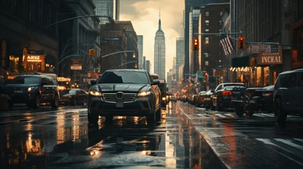 Papier Peint photo TAXI de new york usa street, light rain, vehicles