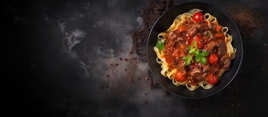 A black bowl with fettuccine pasta and beef ragout sauce placed on a grey background. Space for copying is available in the frame. The view is from the top.