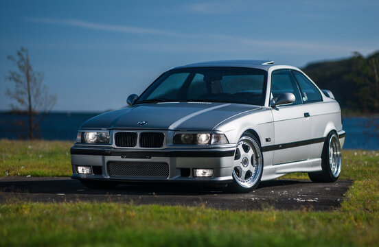 Lindesnes, Norway - August 16 2005: Front view of a Silver E36 BMW M3 sports coupe.