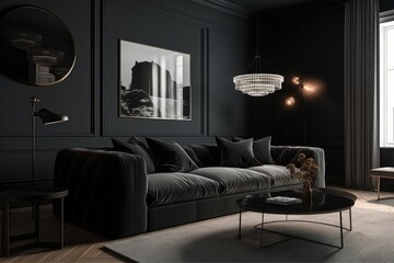 Home mockup cozy dark living room interior with sofa, generated by AI