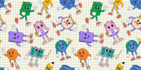 Seamless pattern with groovy cartoon school supplies and backpack characters in retro style of 60s 70s on a checkered notebook sheet background