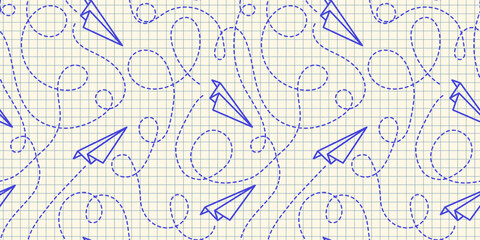 Seamless pattern with ink drawn paper airplane and dotted lines on a checkered notebook sheet background in flat style