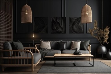 Home mockup cozy dark living room interior with sofa