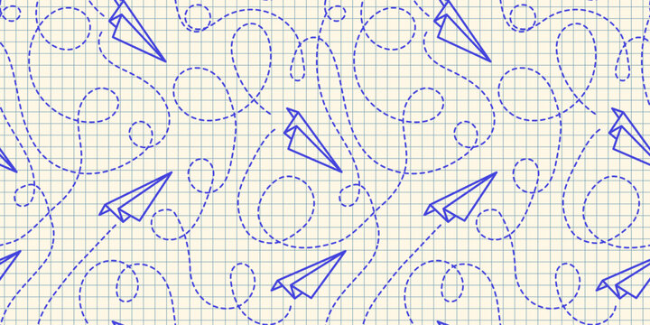 Seamless pattern with ink drawn paper airplane and dotted lines on a checkered notebook sheet background in flat style