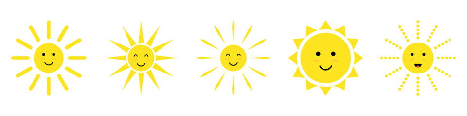 Collection of cute vector sun with smile. Happy sun collection.