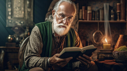 AI generated, elderly people reading a book, retired man reading indoors. Cosy living space, old-fashioned interior. Interested in literature. 