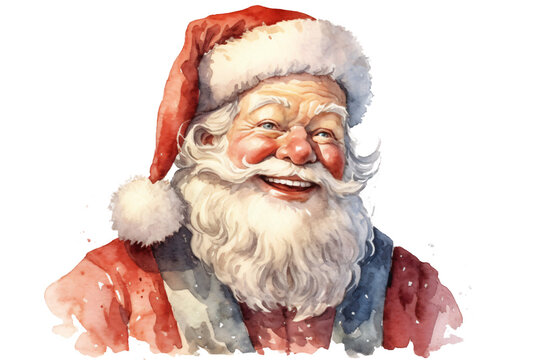 portrait of a happy smiling santa in watercolor painting style isolated against transparent background