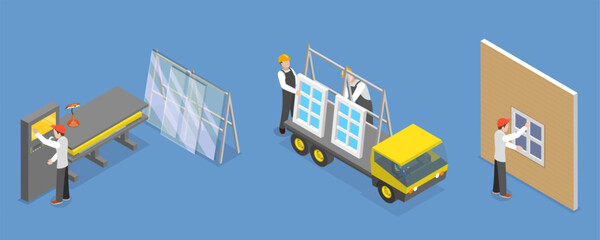 3D Isometric Flat Vector Conceptual Illustration of Windows Installing, Building Construction Industry