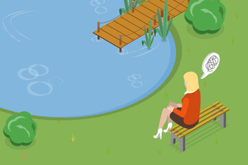 Obraz na płótnie Canvas 3D Isometric Flat Vector Conceptual Illustration of Bench Thinking, Lonely Person