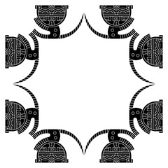 Rectangular animal frame with funny tabby kittens or cats with striped tails. Native American animal motif from ancient Paracas, Peru. Black and white silhouette.