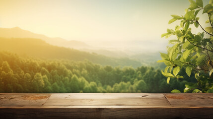 Wooden table with plants - blurred green forest nature background - can be used to display products