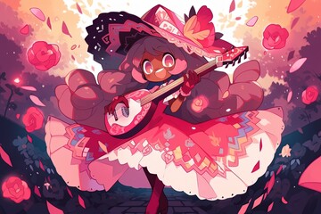 Mexican girl in sombrero with guitar.  illustration anime style.