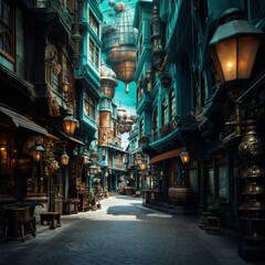 Fototapeta premium steampunk style vehicle, flying through the air on the street of steampunk city, woman