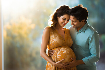 Happy young couple of Indian ethnicity expecting a baby standing together