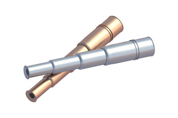 Pair of metallic spyglasses isolated on white background. 3d render