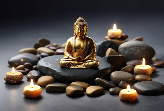 zen stones with gold buddha and candles