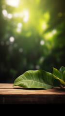 wooden table with plant leaves - blurred green nature background - can be used to display products