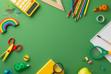 Captivating education imagery: A top-down view of a green chalkboard with an array of vivid stationary with ample space for text or promotional content, ideal for school-related advertising