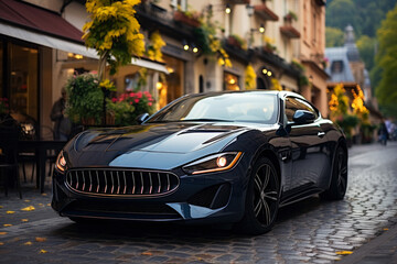 Futuristic sports super concept car on the street of a European city, street racing on expensive exclusive luxury auto © staras