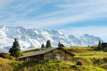 Fototapeta na wymiar Traditional alpine village in touristic valley Lauterbrunnen, Switzerland attraction