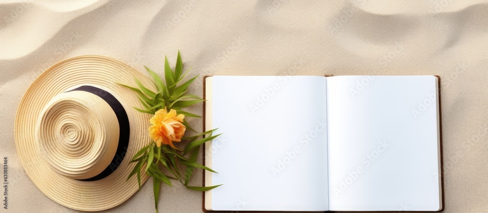 Poster blank writing book with summer beach accessories on background, copy space. flat lay with copy space