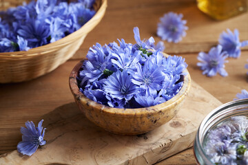 Obraz na płótnie Canvas Fresh blue chicory or succory flowers in a bowl