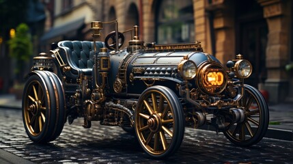 Fototapeta na wymiar steampunk style vehicle, flying through the air on the street of steampunk city