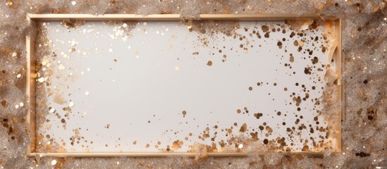 A frame with no picture on a textured beige-gray background with a shiny gold-brown glitter.