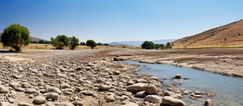 The riverbed of the Pinios, one of the longest rivers in Thessalia, Greece, is now dry due to heat and drought caused by climate warming. This could have potential consequences. The landscape is