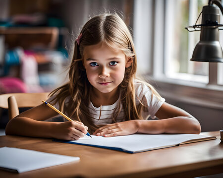 an eight year old girl doing her homework at a table- generative ai