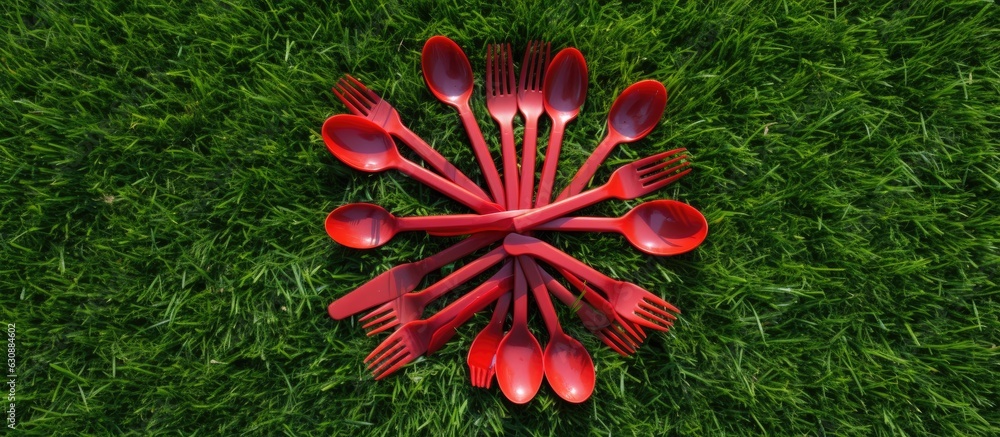 Poster Plastic plates, forks, spoons, and knives that can be easily discarded. The tableware is red and placed on green grass with a moss background. is taken from a top view and empty space available for