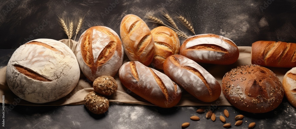 Poster Various types of crusty bread and buns arranged on a stone table, seen from the top, with enough space for you to add your own text.